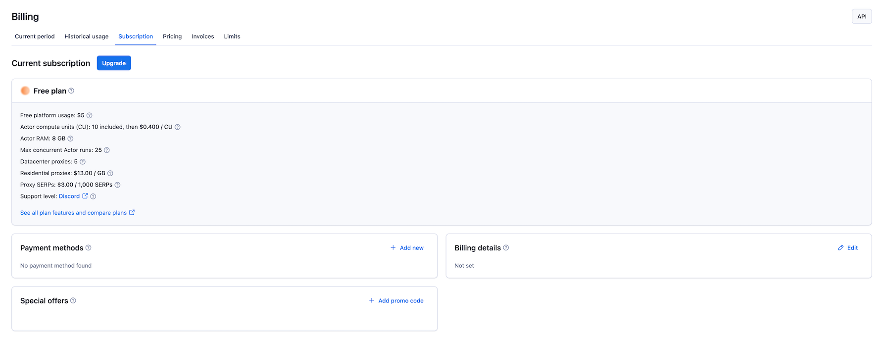 Apify Console subscription view